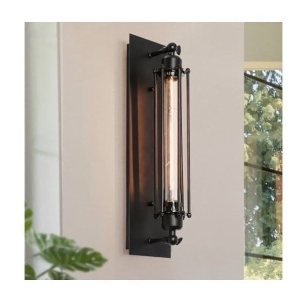 LNC Modern Industrial black 1-light wall sconce w/cage for hallway & dry areas.